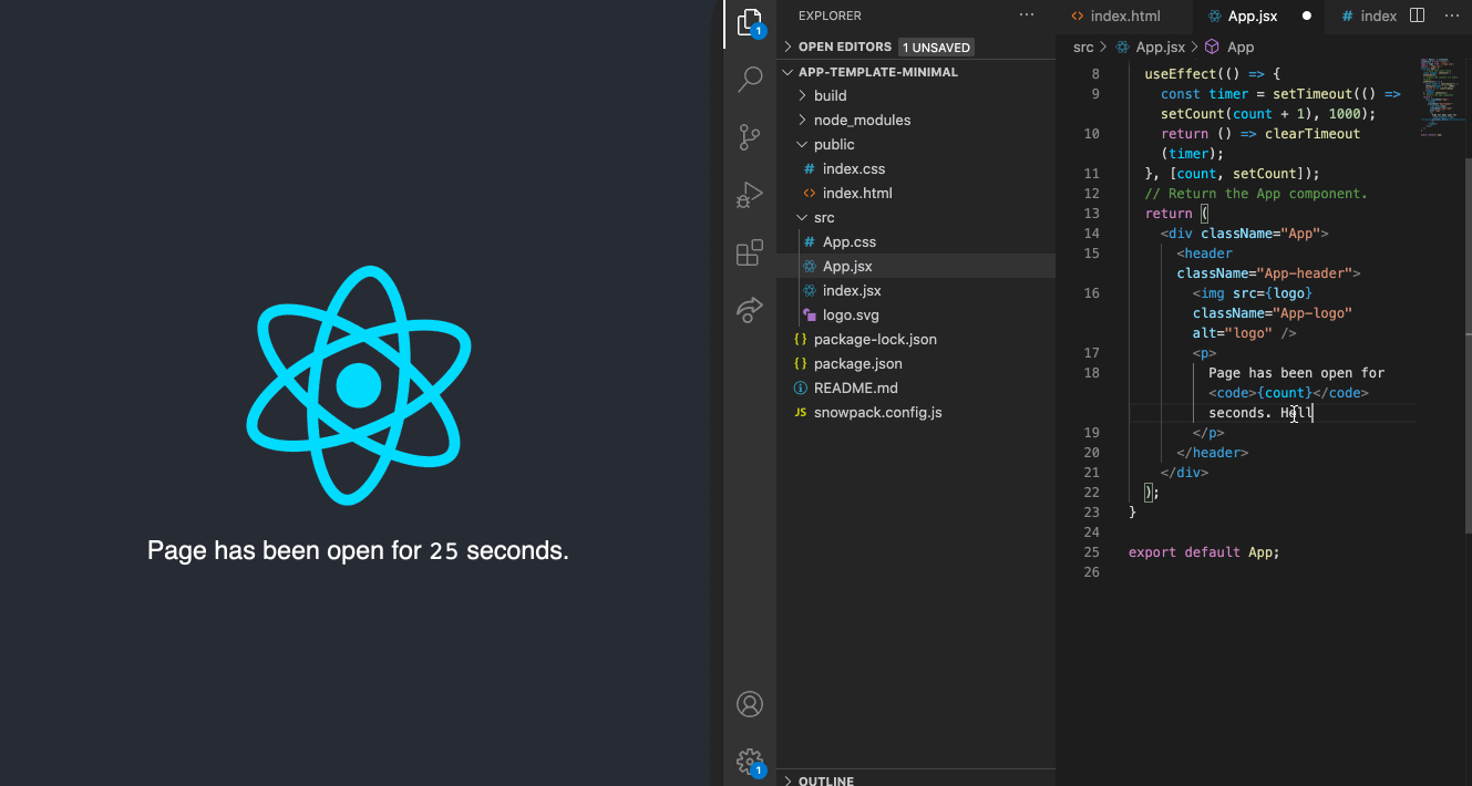 GIF showing code side by side with the app. A change in made to App.jsx and it shows immediately when the file is changed. The counter keeps counting uninterrupted.